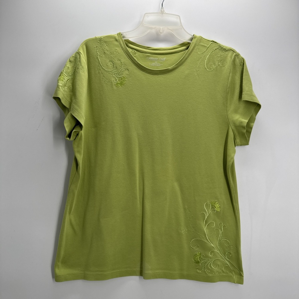 Coldwater Creek XL Lime Green Embroidered Cotton Tee